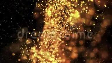 <strong>金色</strong>闪闪发光的粒子在粘稠的液体中移动。 它明亮的节日背景和闪闪发光的粒子深度